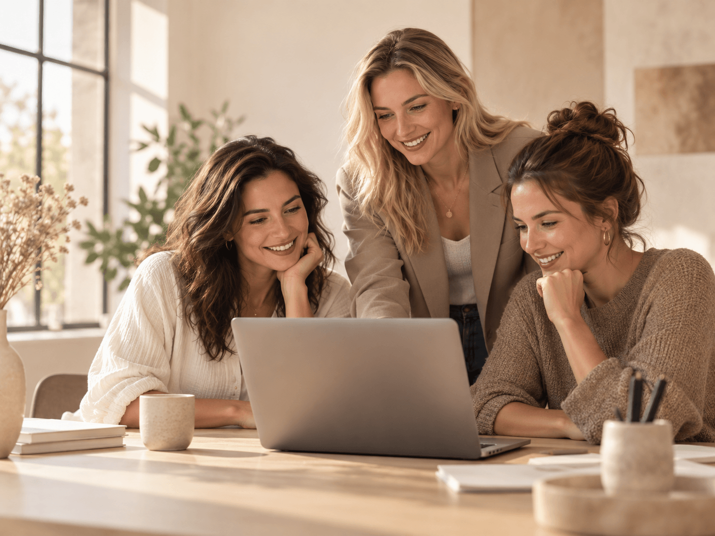 Drie vrouwen bekijken samen een laptop in een lichte werkruimte